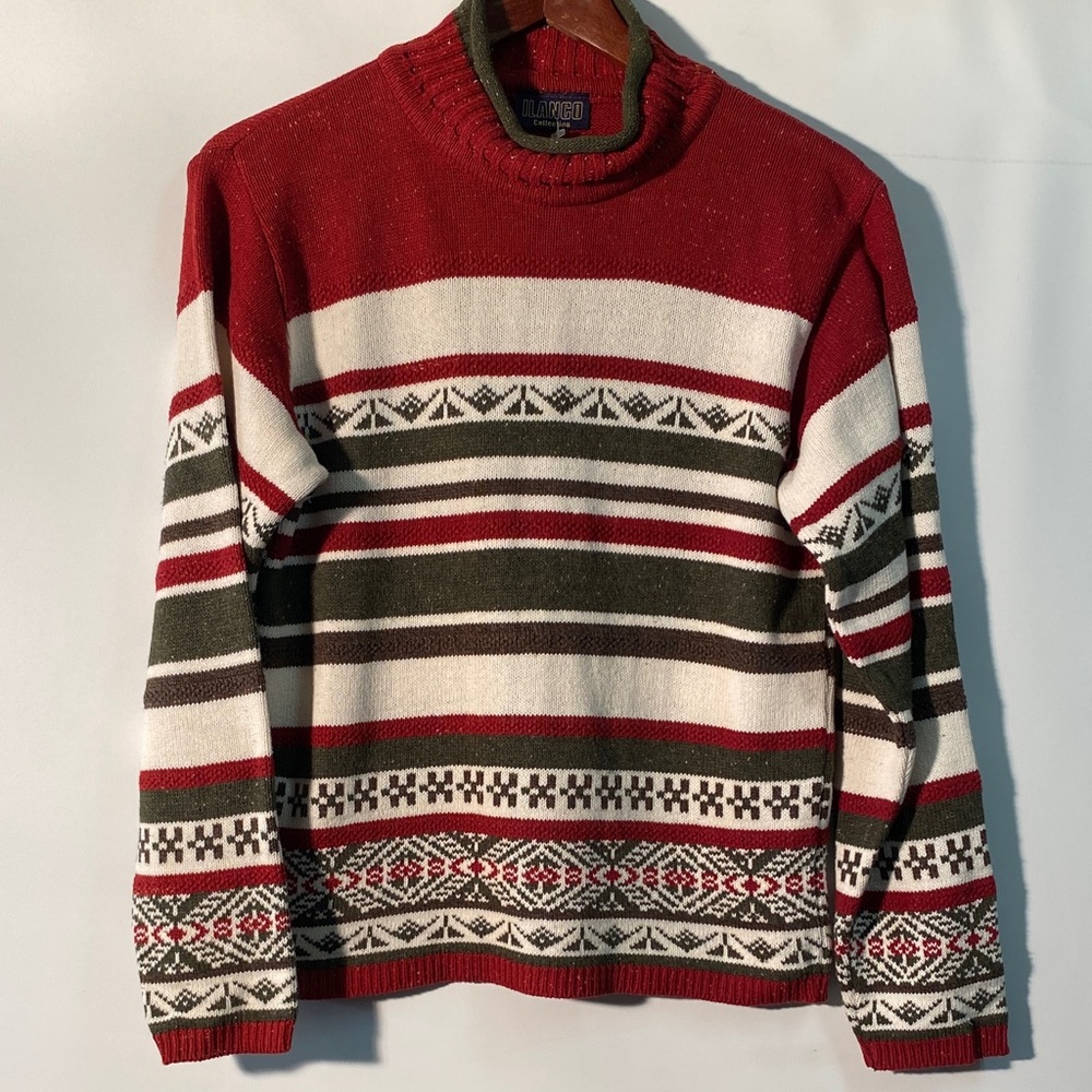 Cozy Red and Cream Striped Mock-neck Sweater